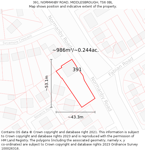 391, NORMANBY ROAD, MIDDLESBROUGH, TS6 0BL: Plot and title map