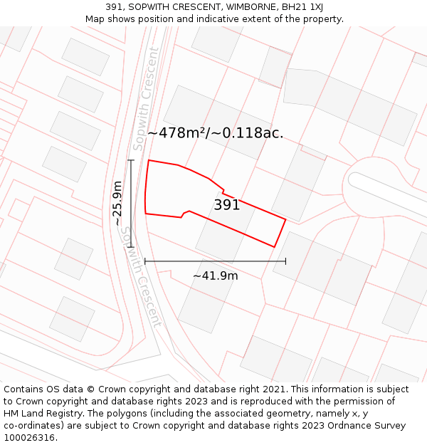391, SOPWITH CRESCENT, WIMBORNE, BH21 1XJ: Plot and title map