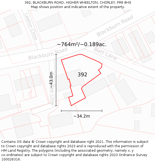 392, BLACKBURN ROAD, HIGHER WHEELTON, CHORLEY, PR6 8HS: Plot and title map