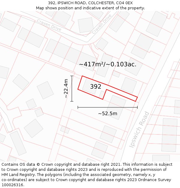 392, IPSWICH ROAD, COLCHESTER, CO4 0EX: Plot and title map