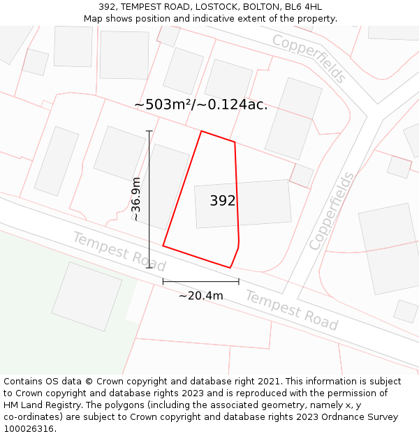 392, TEMPEST ROAD, LOSTOCK, BOLTON, BL6 4HL: Plot and title map