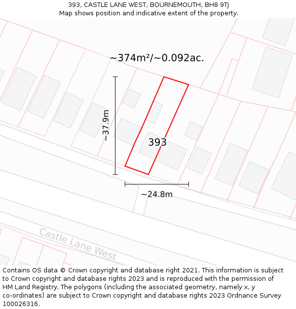 393, CASTLE LANE WEST, BOURNEMOUTH, BH8 9TJ: Plot and title map