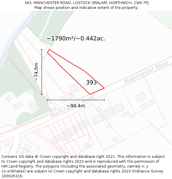 393, MANCHESTER ROAD, LOSTOCK GRALAM, NORTHWICH, CW9 7PJ: Plot and title map