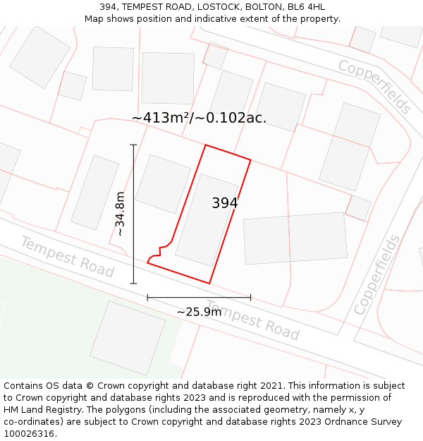 394, TEMPEST ROAD, LOSTOCK, BOLTON, BL6 4HL: Plot and title map