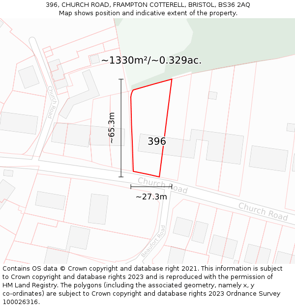 396, CHURCH ROAD, FRAMPTON COTTERELL, BRISTOL, BS36 2AQ: Plot and title map
