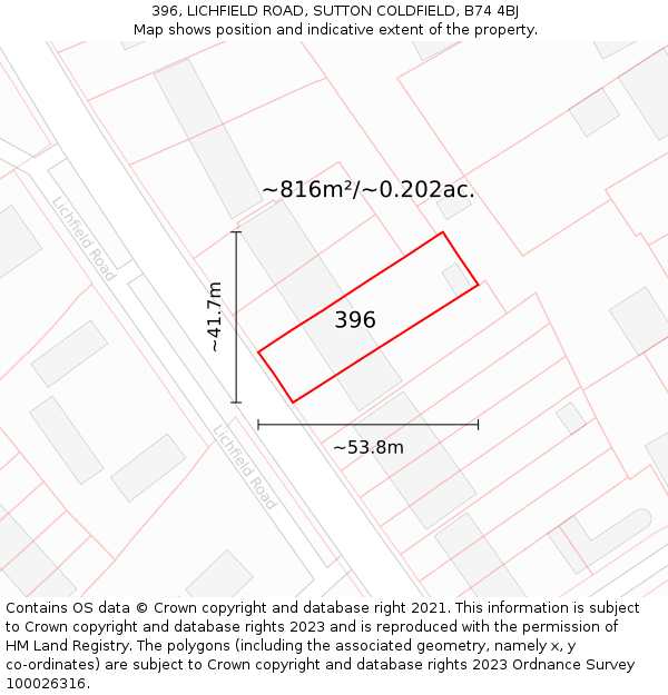 396, LICHFIELD ROAD, SUTTON COLDFIELD, B74 4BJ: Plot and title map