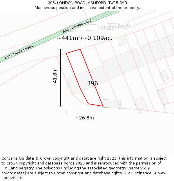 396, LONDON ROAD, ASHFORD, TW15 3AB: Plot and title map