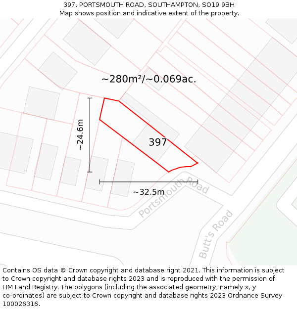 397, PORTSMOUTH ROAD, SOUTHAMPTON, SO19 9BH: Plot and title map