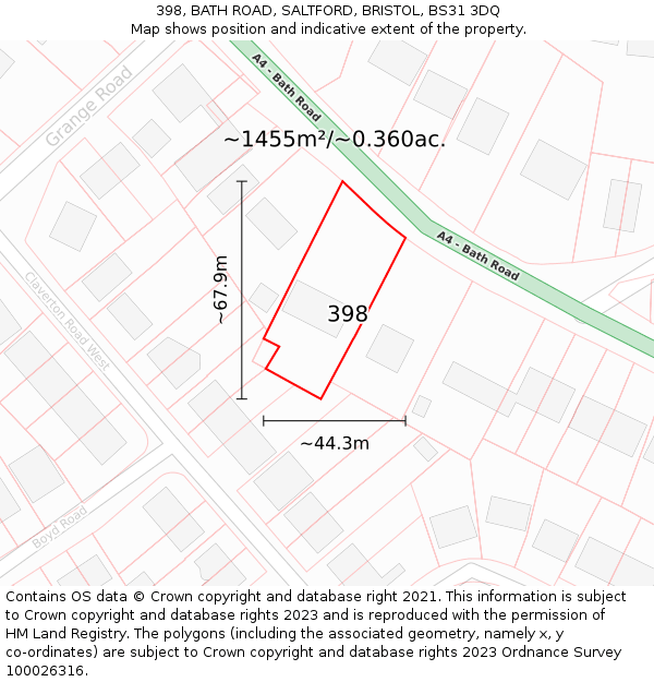398, BATH ROAD, SALTFORD, BRISTOL, BS31 3DQ: Plot and title map