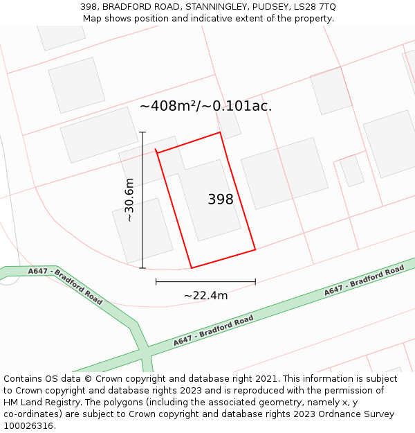 398, BRADFORD ROAD, STANNINGLEY, PUDSEY, LS28 7TQ: Plot and title map