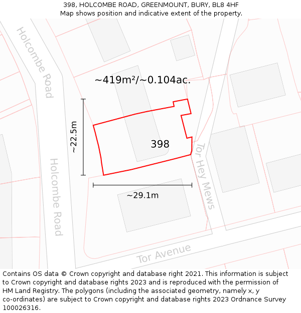 398, HOLCOMBE ROAD, GREENMOUNT, BURY, BL8 4HF: Plot and title map