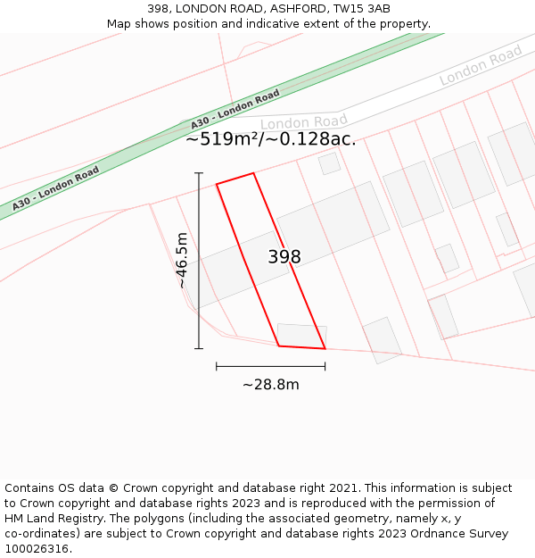 398, LONDON ROAD, ASHFORD, TW15 3AB: Plot and title map
