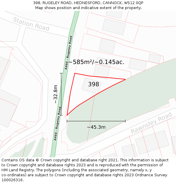 398, RUGELEY ROAD, HEDNESFORD, CANNOCK, WS12 0QP: Plot and title map