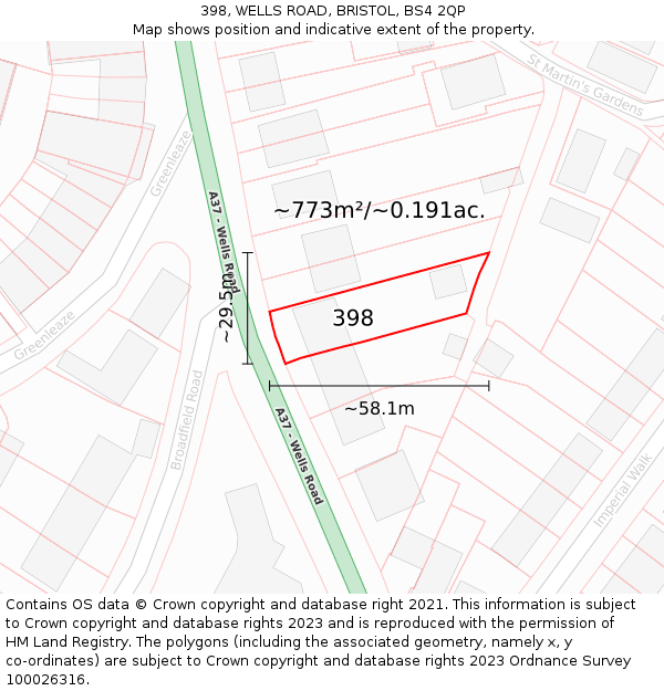 398, WELLS ROAD, BRISTOL, BS4 2QP: Plot and title map