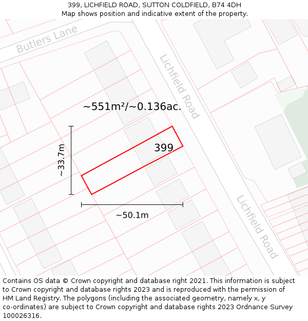399, LICHFIELD ROAD, SUTTON COLDFIELD, B74 4DH: Plot and title map