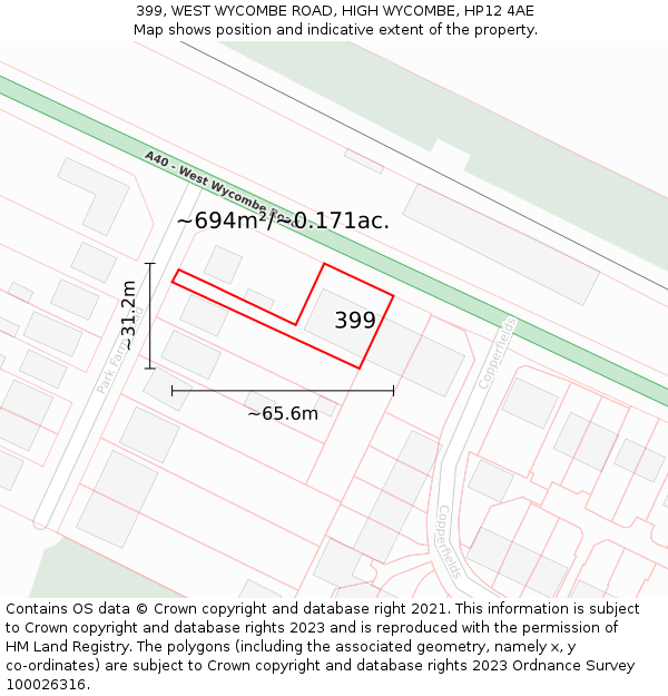 399, WEST WYCOMBE ROAD, HIGH WYCOMBE, HP12 4AE: Plot and title map