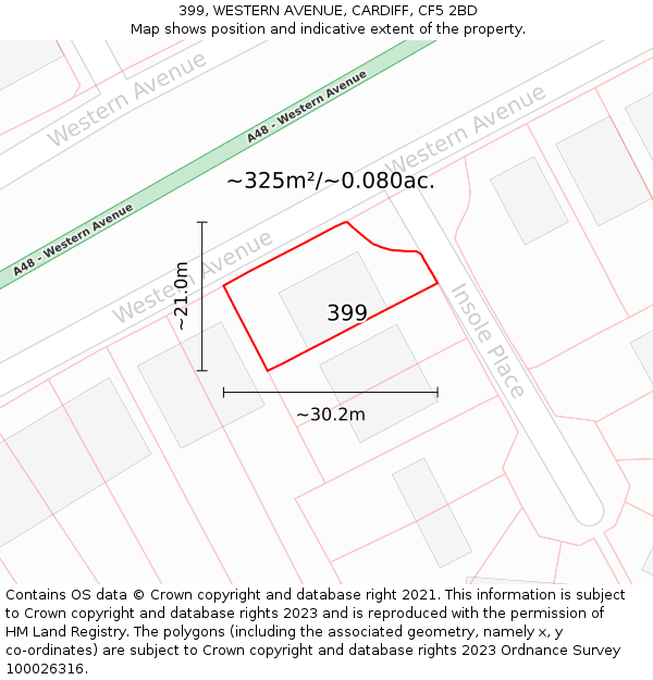 399, WESTERN AVENUE, CARDIFF, CF5 2BD: Plot and title map