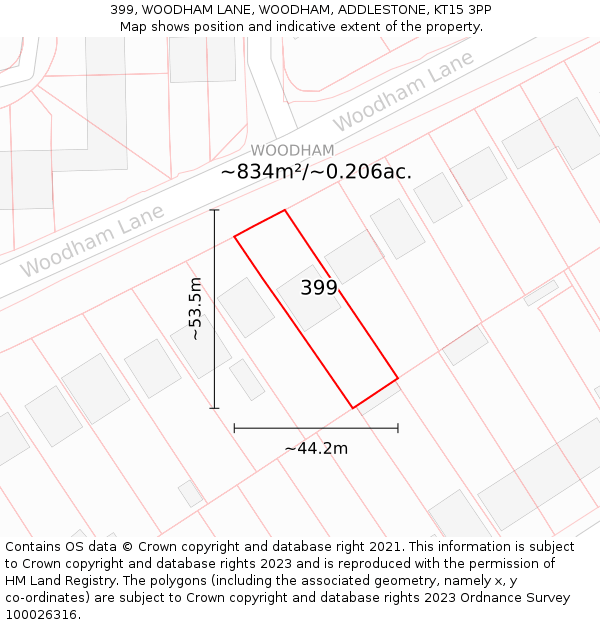 399, WOODHAM LANE, WOODHAM, ADDLESTONE, KT15 3PP: Plot and title map
