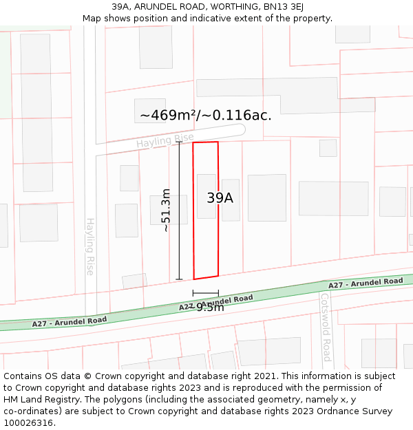 39A, ARUNDEL ROAD, WORTHING, BN13 3EJ: Plot and title map