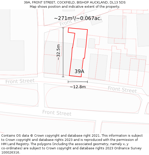 39A, FRONT STREET, COCKFIELD, BISHOP AUCKLAND, DL13 5DS: Plot and title map