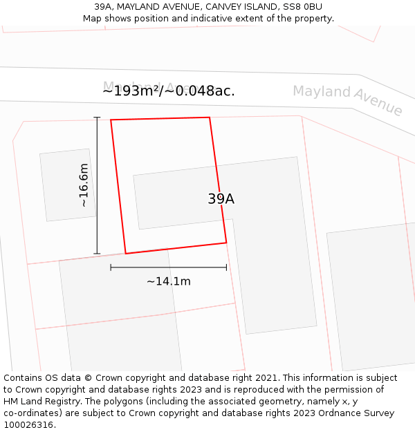 39A, MAYLAND AVENUE, CANVEY ISLAND, SS8 0BU: Plot and title map