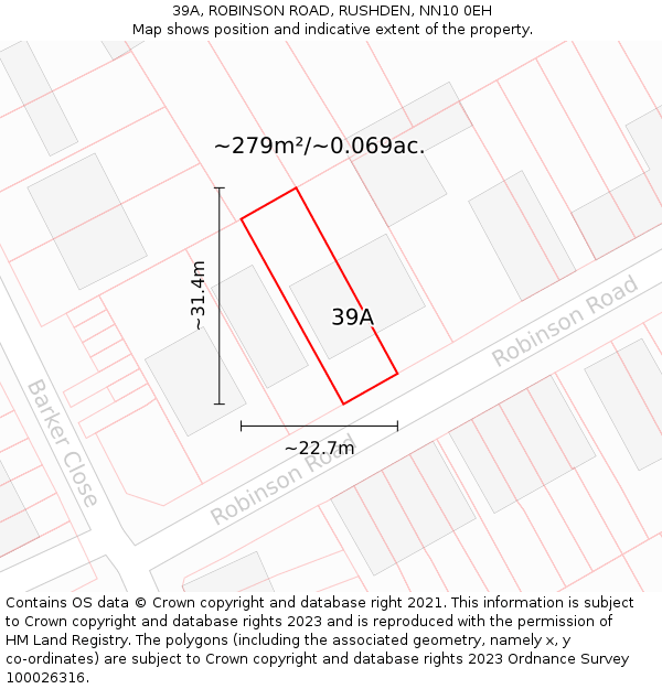 39A, ROBINSON ROAD, RUSHDEN, NN10 0EH: Plot and title map