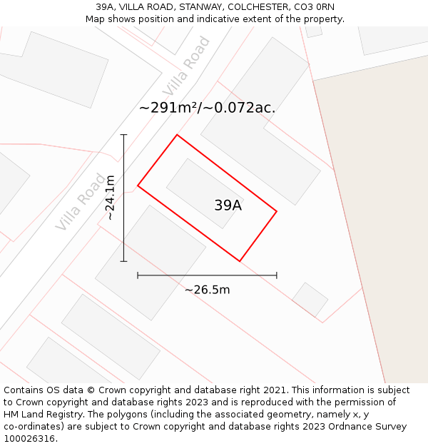 39A, VILLA ROAD, STANWAY, COLCHESTER, CO3 0RN: Plot and title map