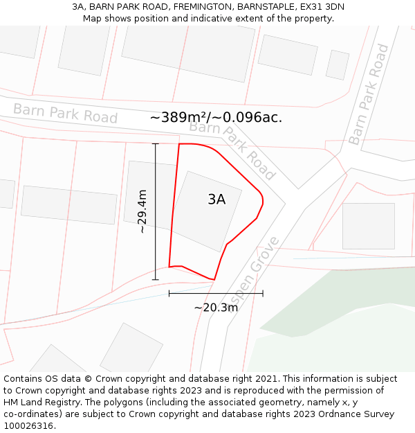 3A, BARN PARK ROAD, FREMINGTON, BARNSTAPLE, EX31 3DN: Plot and title map