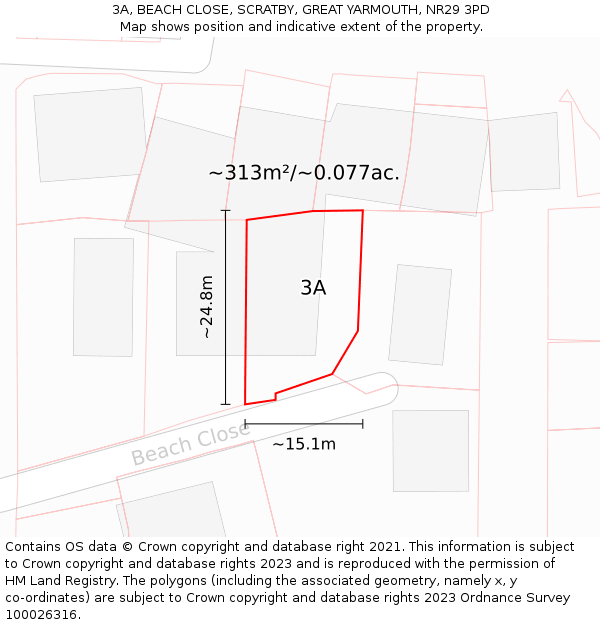 3A, BEACH CLOSE, SCRATBY, GREAT YARMOUTH, NR29 3PD: Plot and title map