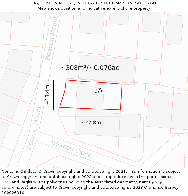 3A, BEACON MOUNT, PARK GATE, SOUTHAMPTON, SO31 7GN: Plot and title map