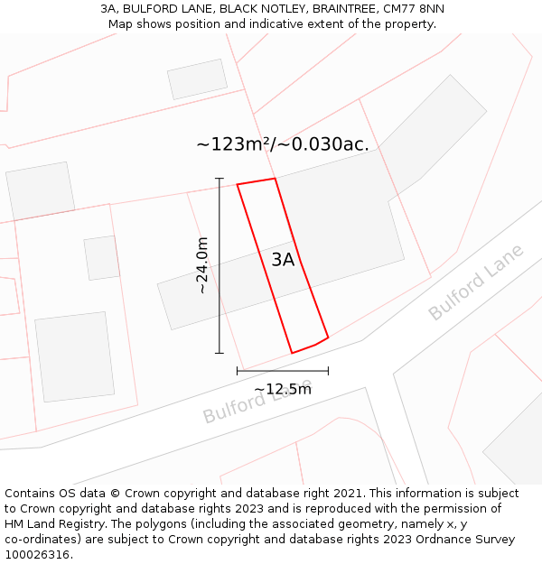 3A, BULFORD LANE, BLACK NOTLEY, BRAINTREE, CM77 8NN: Plot and title map