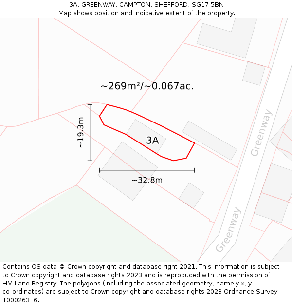 3A, GREENWAY, CAMPTON, SHEFFORD, SG17 5BN: Plot and title map