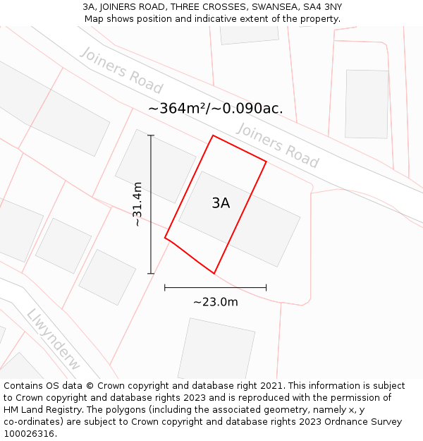 3A, JOINERS ROAD, THREE CROSSES, SWANSEA, SA4 3NY: Plot and title map