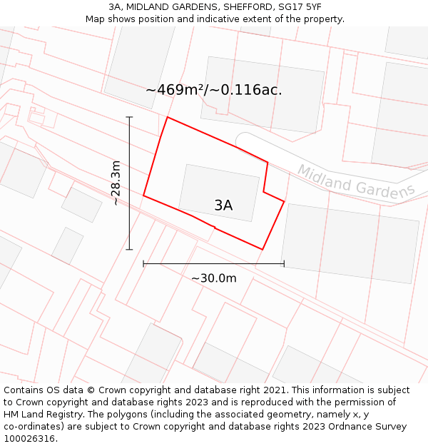 3A, MIDLAND GARDENS, SHEFFORD, SG17 5YF: Plot and title map