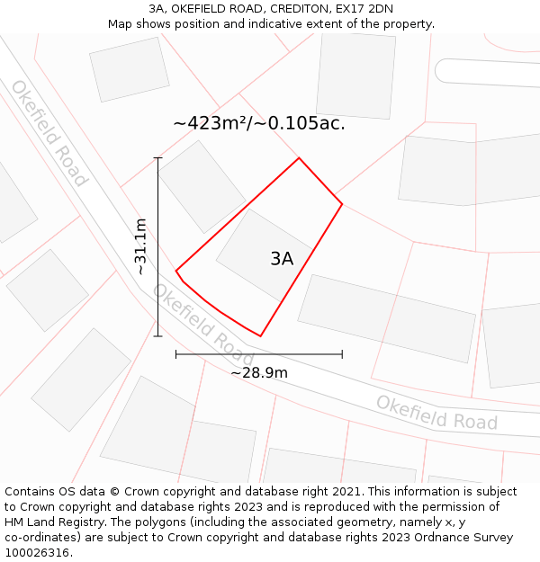 3A, OKEFIELD ROAD, CREDITON, EX17 2DN: Plot and title map