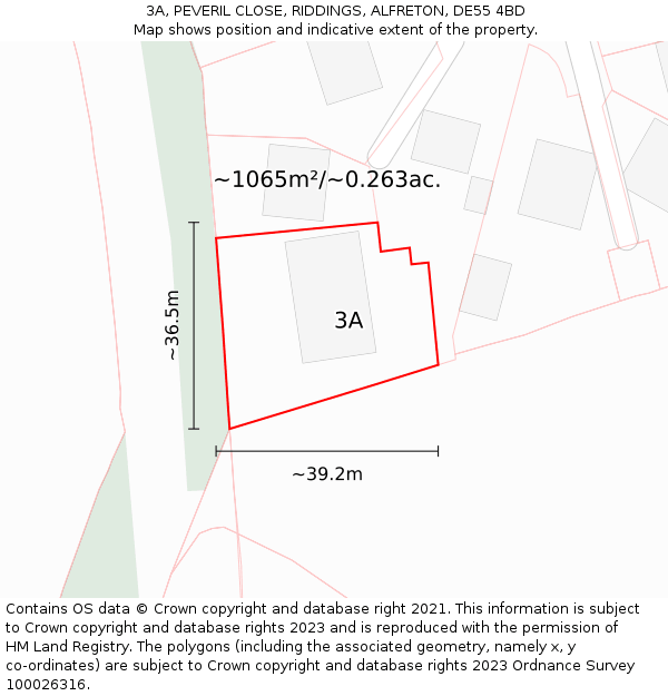 3A, PEVERIL CLOSE, RIDDINGS, ALFRETON, DE55 4BD: Plot and title map