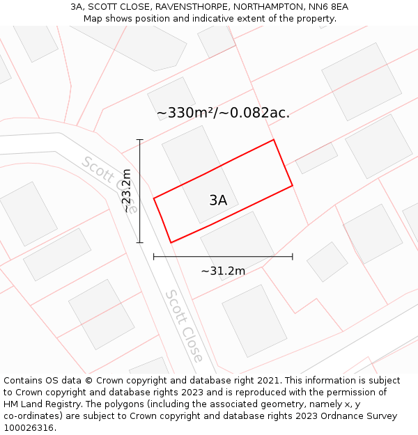 3A, SCOTT CLOSE, RAVENSTHORPE, NORTHAMPTON, NN6 8EA: Plot and title map