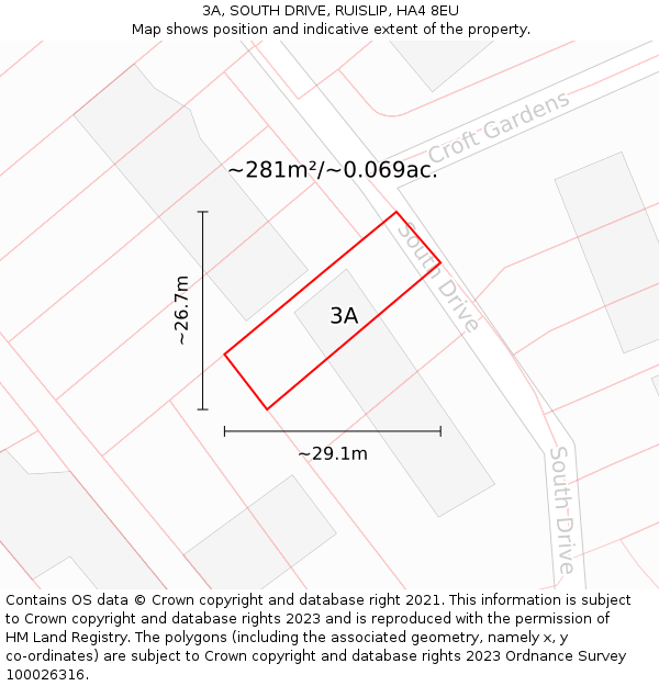 3A, SOUTH DRIVE, RUISLIP, HA4 8EU: Plot and title map