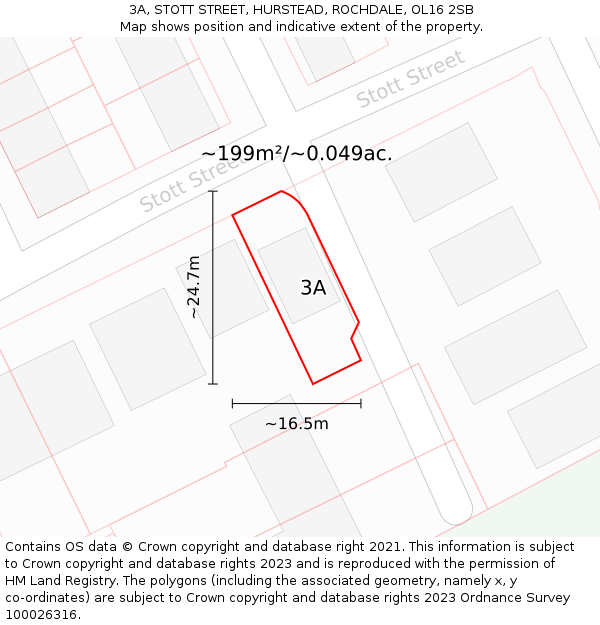 3A, STOTT STREET, HURSTEAD, ROCHDALE, OL16 2SB: Plot and title map