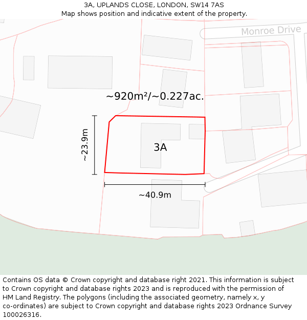 3A, UPLANDS CLOSE, LONDON, SW14 7AS: Plot and title map