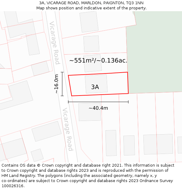 3A, VICARAGE ROAD, MARLDON, PAIGNTON, TQ3 1NN: Plot and title map