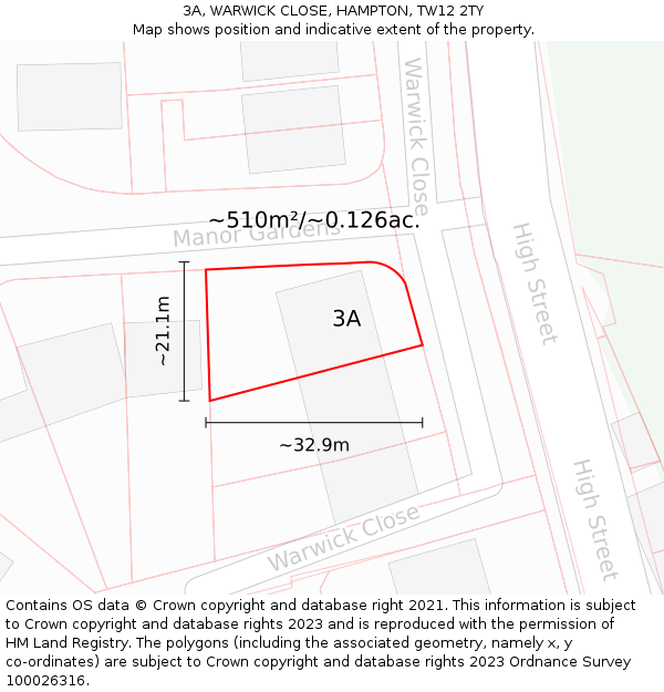 3A, WARWICK CLOSE, HAMPTON, TW12 2TY: Plot and title map