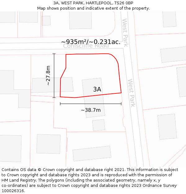 3A, WEST PARK, HARTLEPOOL, TS26 0BP: Plot and title map