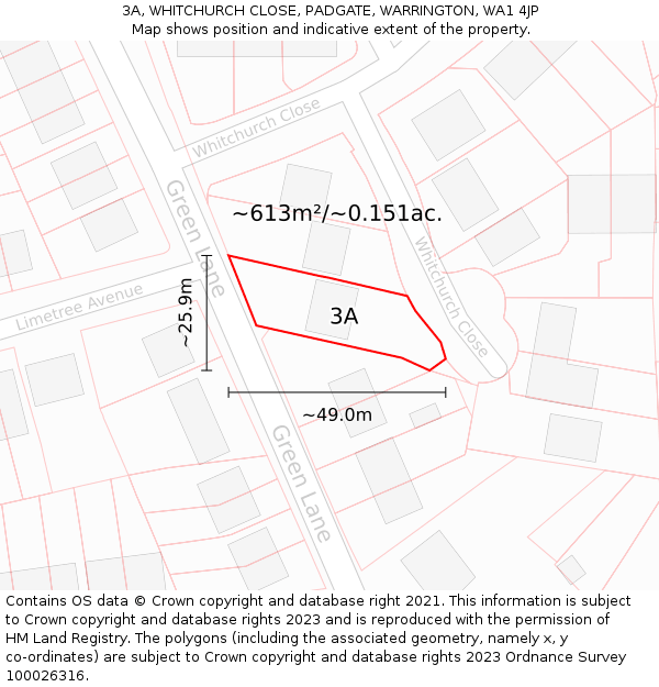 3A, WHITCHURCH CLOSE, PADGATE, WARRINGTON, WA1 4JP: Plot and title map