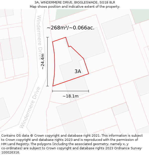 3A, WINDERMERE DRIVE, BIGGLESWADE, SG18 8LR: Plot and title map