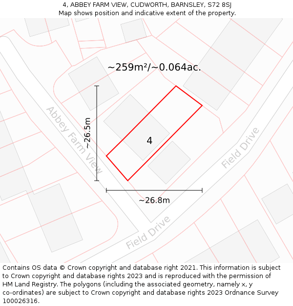 4, ABBEY FARM VIEW, CUDWORTH, BARNSLEY, S72 8SJ: Plot and title map
