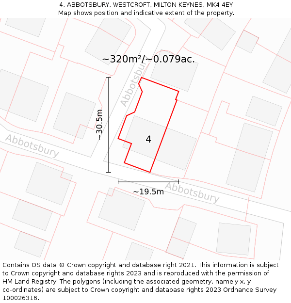 4, ABBOTSBURY, WESTCROFT, MILTON KEYNES, MK4 4EY: Plot and title map