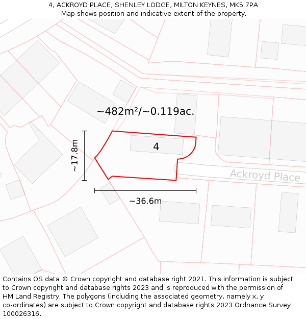 4, ACKROYD PLACE, SHENLEY LODGE, MILTON KEYNES, MK5 7PA: Plot and title map