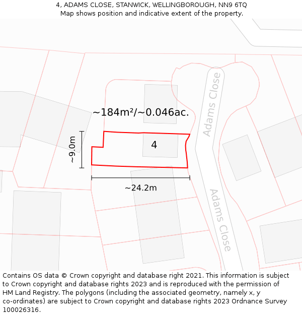 4, ADAMS CLOSE, STANWICK, WELLINGBOROUGH, NN9 6TQ: Plot and title map