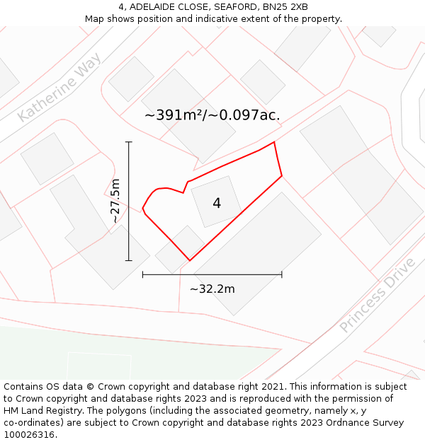 4, ADELAIDE CLOSE, SEAFORD, BN25 2XB: Plot and title map